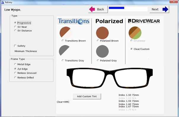 Select lens type and tints